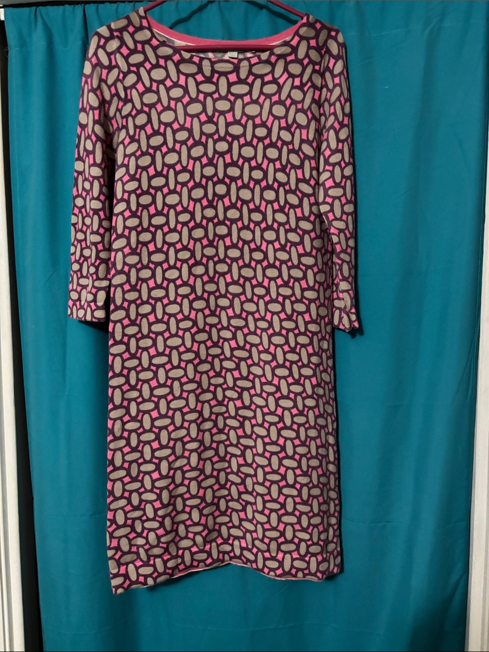 Boden Pink and Gray Geometric Long-Sleeve Shift Dress